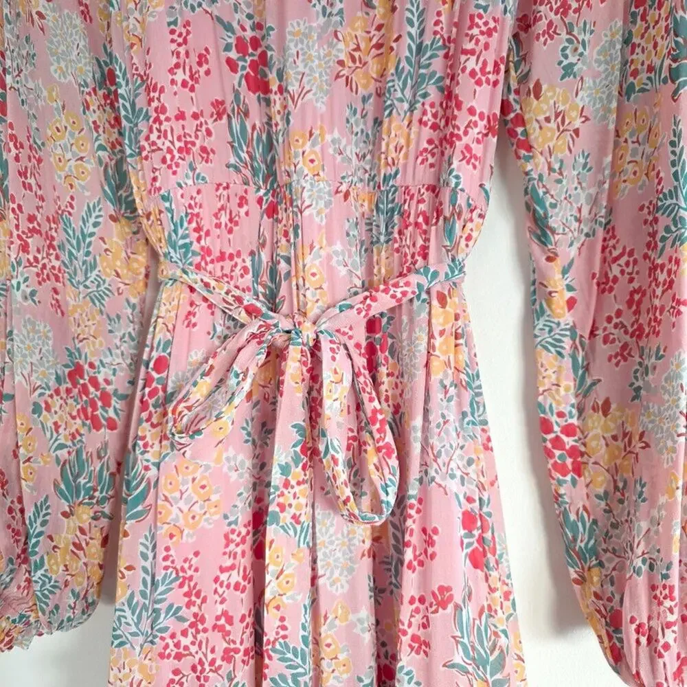 Boden Pink Floral Tiered Midi Dress Long Sleeve Viscose Belted Maxi Size 6R 6